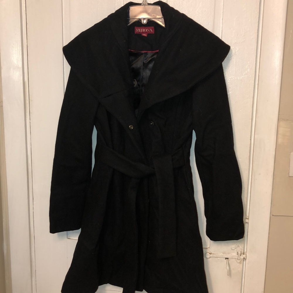 Wool long Peacoat. Snap close with belted waist.